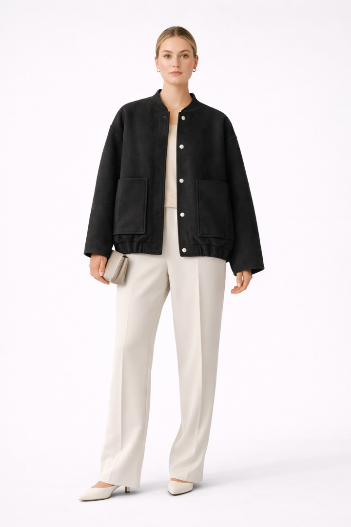 Women’s Bomber Jacket with Front Closure and Functional Pockets