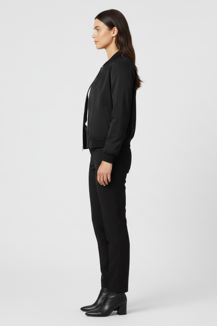 Women’s Bomber Jacket with Front Zip and Ribbed Hem