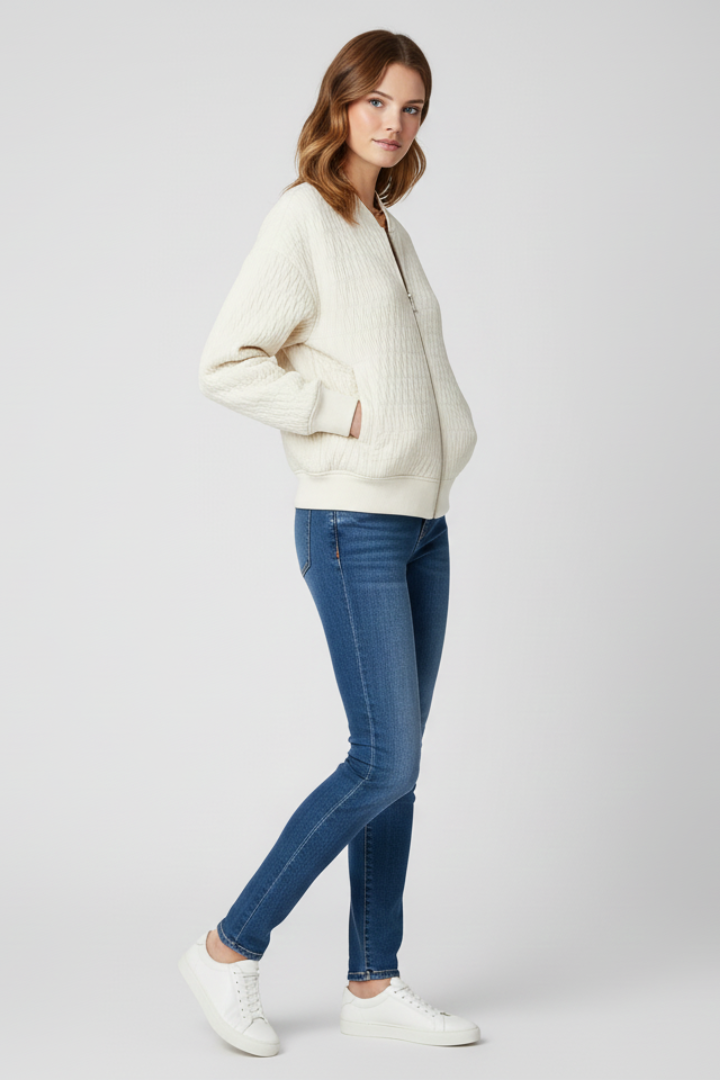 Women’s Bomber Jacket with Quilted Surface and Ribbed Hem