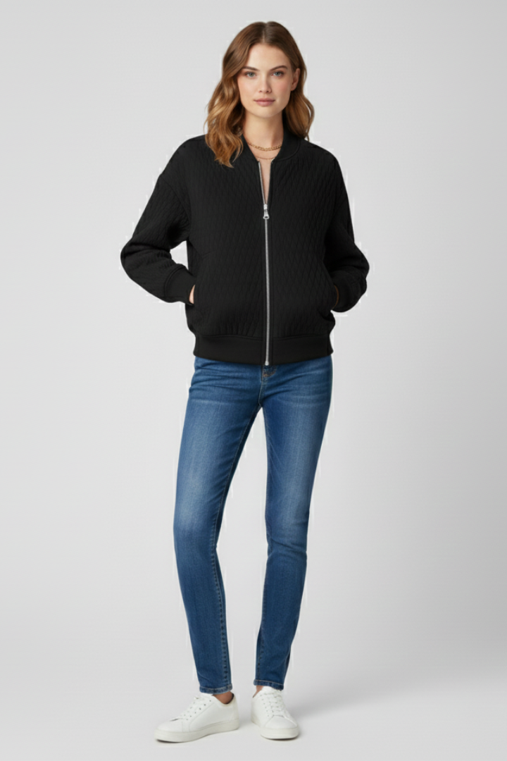 Women’s Bomber Jacket with Quilted Surface and Ribbed Hem