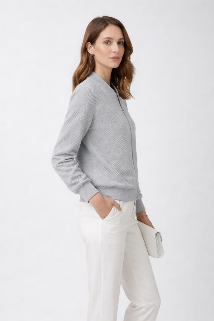 Women’s Bomber Jacket with Textured Surface and Ribbed Details