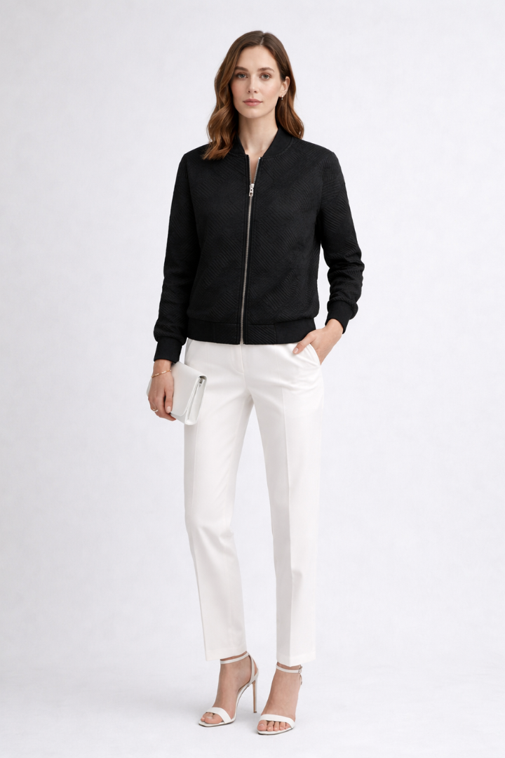 Women’s Bomber Jacket with Textured Surface and Ribbed Details