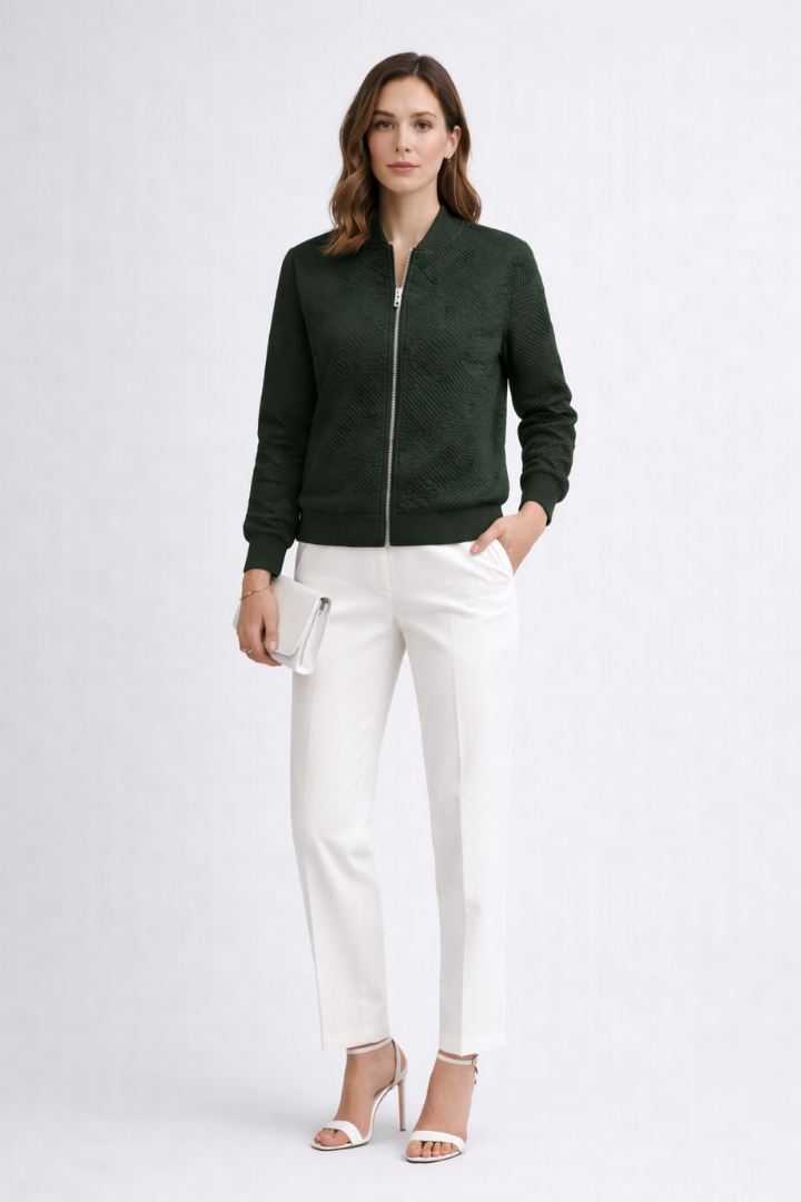 Women’s Bomber Jacket with Textured Surface and Ribbed Details