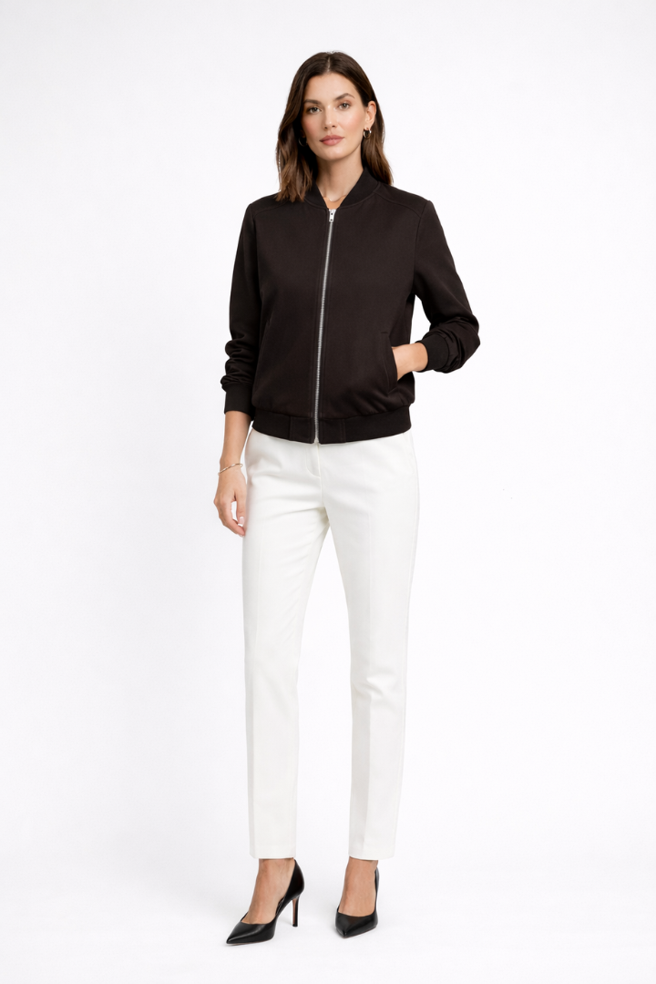Women’s Bomber Jacket with Zip Closure and Ribbed Edges