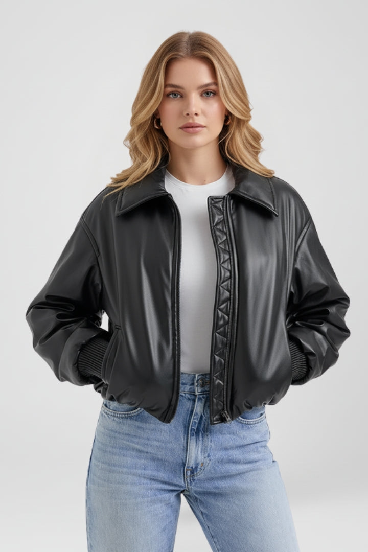 Women’s Bomber Jacket with Zip Front and Ribbed Edges
