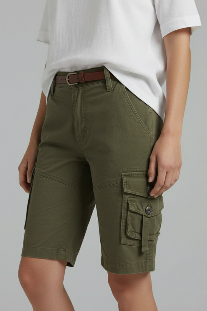 Women’s Cargo Shorts with Button Waist and Flap Pockets