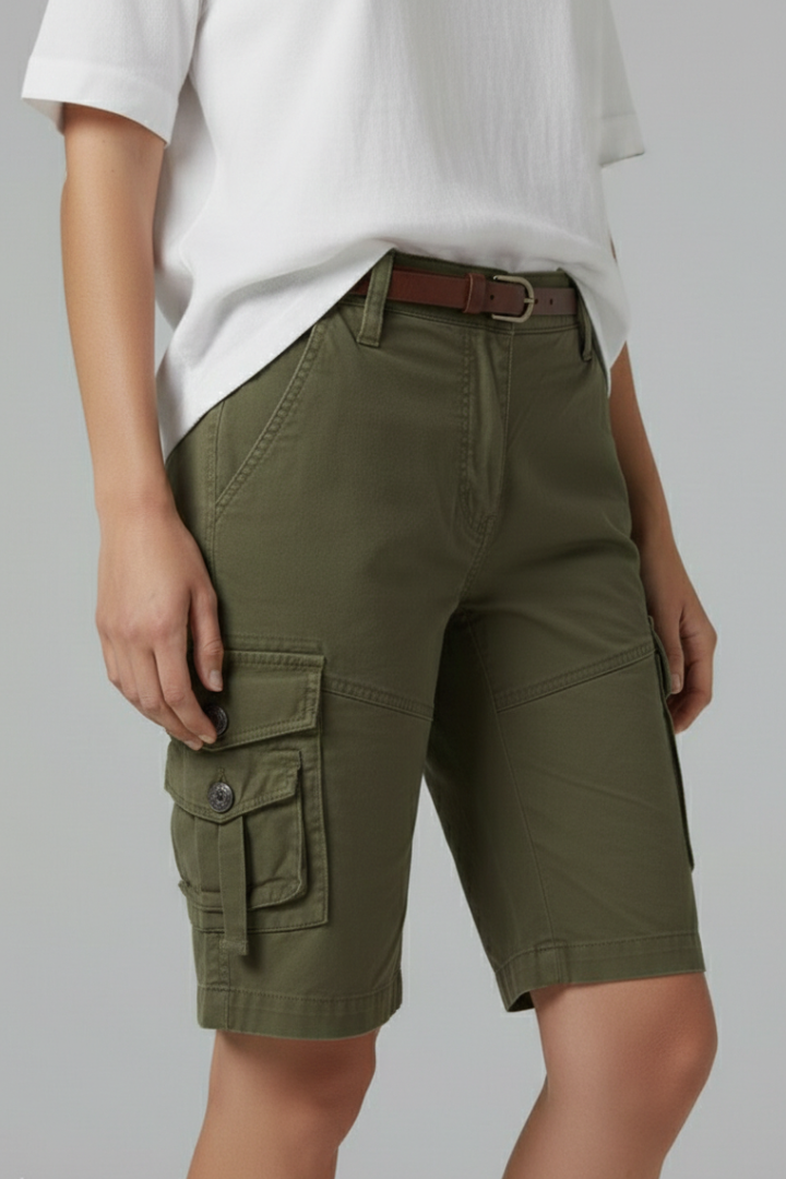 Women’s Cargo Shorts with Button Waist and Flap Pockets