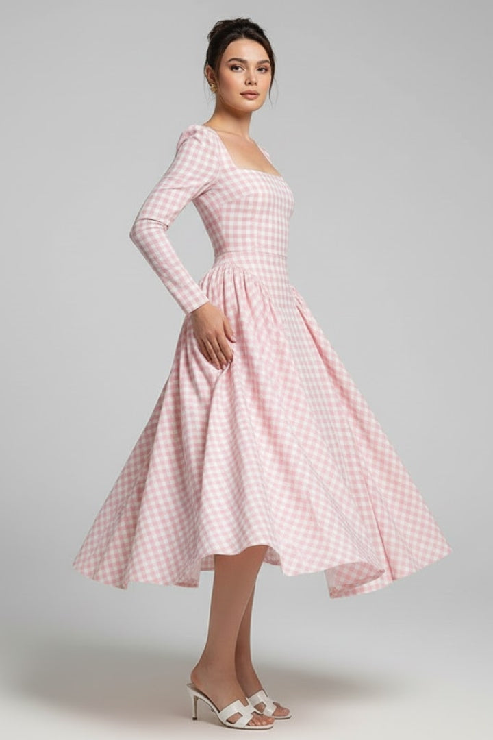 Women’s Checked Dress with Square Neckline and Long Sleeves