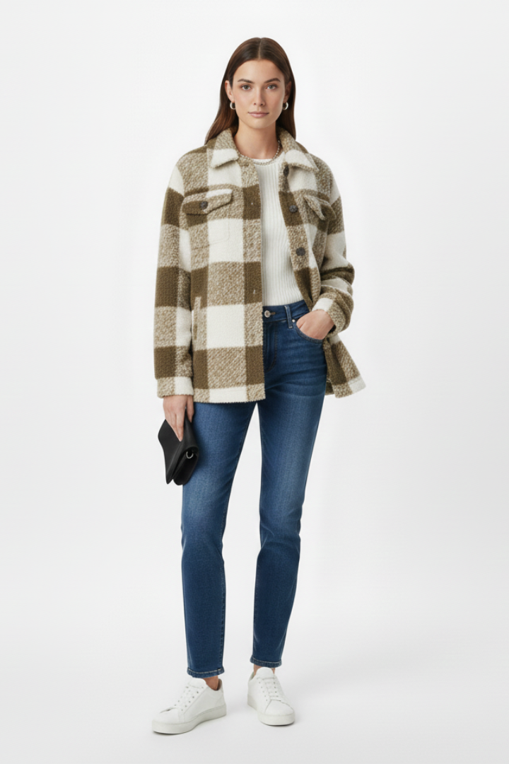 Women’s Checkered Jacket with Button Closure and Practical Pockets