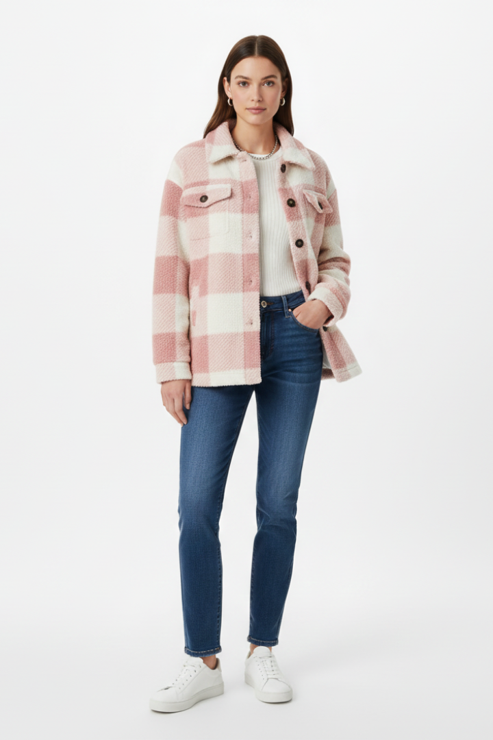 Women’s Checkered Jacket with Button Closure and Practical Pockets