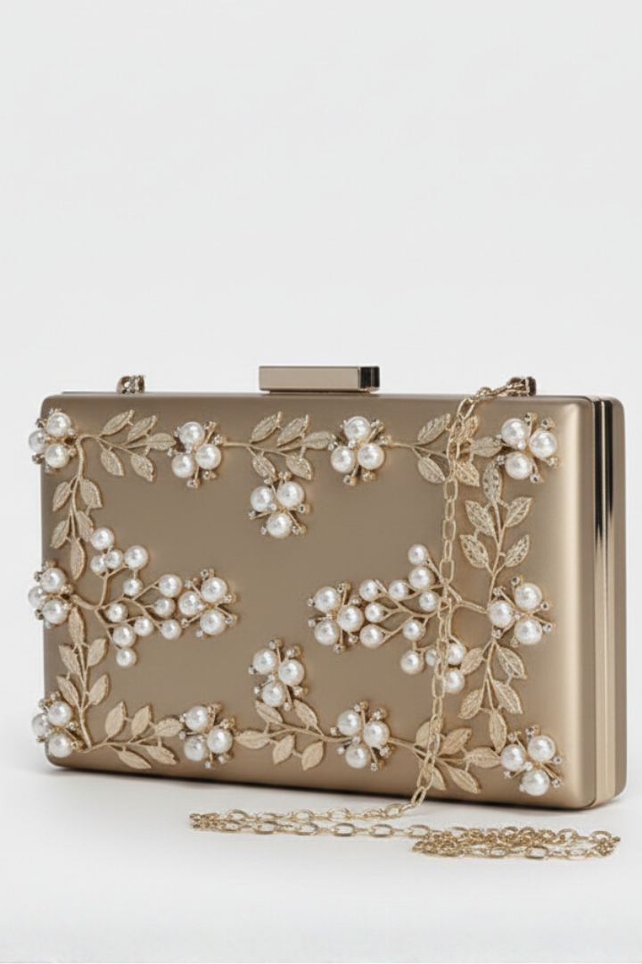 Women’s Clutch Bag with Floral Beadwork and Chain Strap