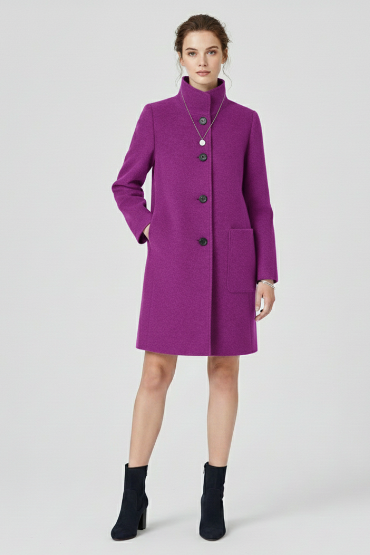 Women’s Coat with Round Neck and Button Closure