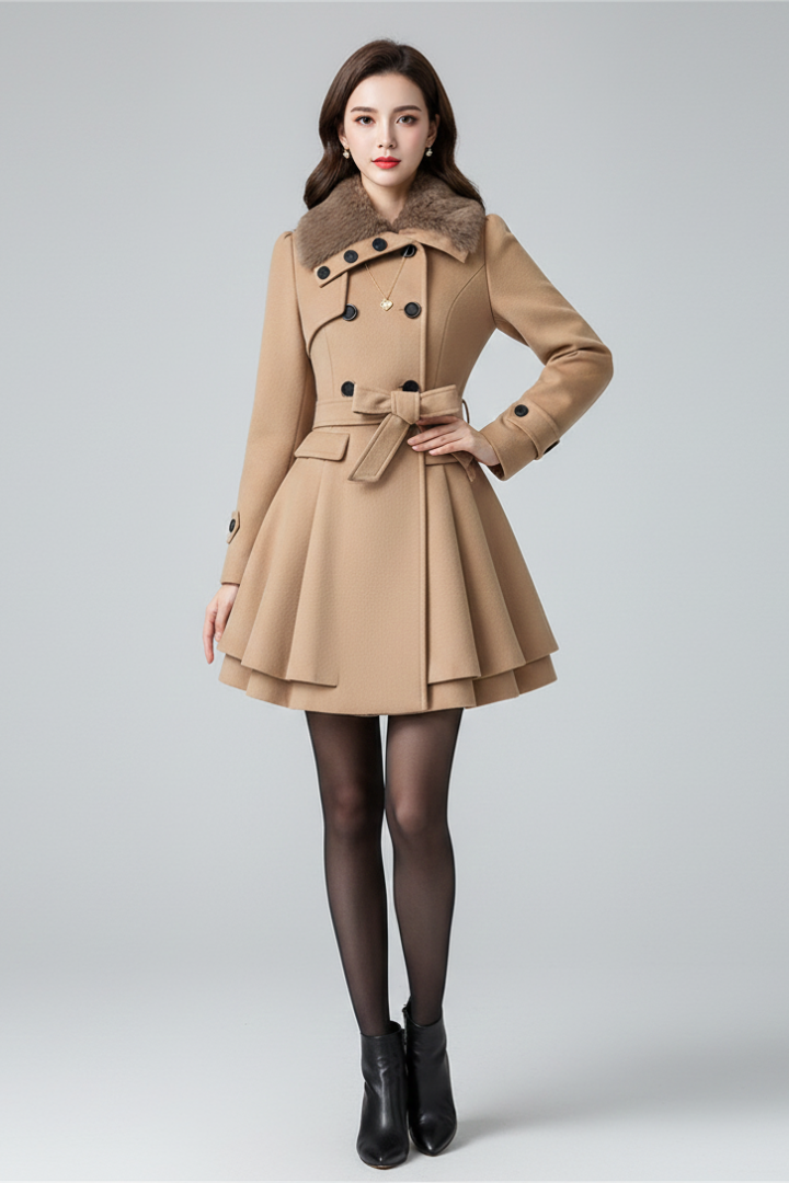 Women’s Coat with Textured Collar and Belted Waist