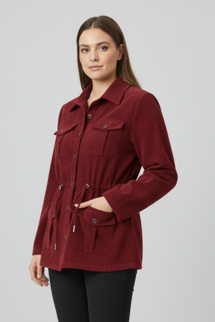 Women’s Corduroy Jacket with Drawstring Waist and Buttons