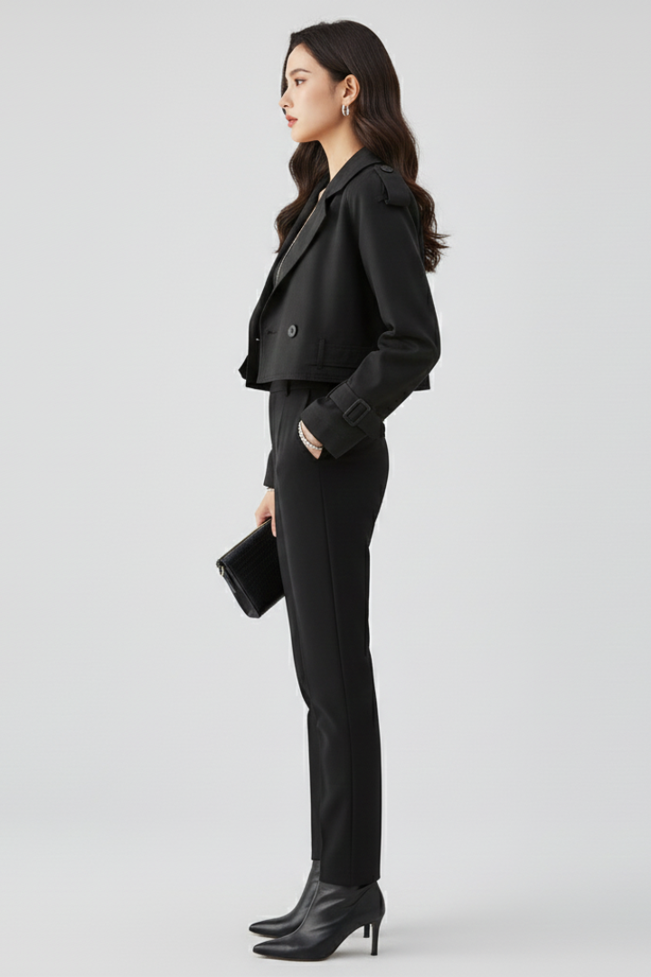 Women’s Cropped Jacket with Lapel Collar and Belted Cuffs