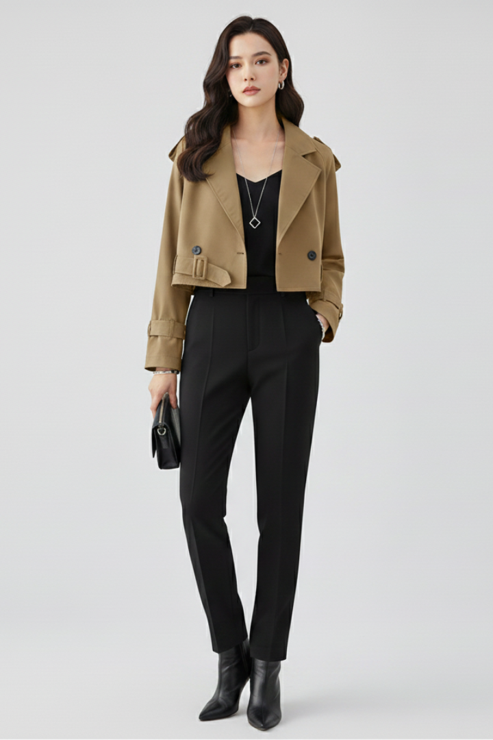 Women’s Cropped Jacket with Lapel Collar and Belted Cuffs