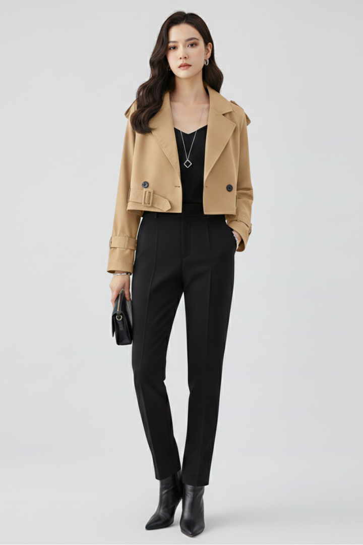 Women’s Cropped Jacket with Lapel Collar and Belted Cuffs