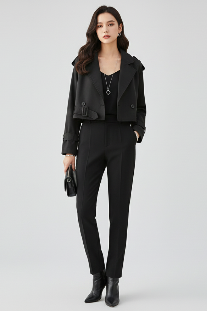 Women’s Cropped Jacket with Lapel Collar and Belted Cuffs