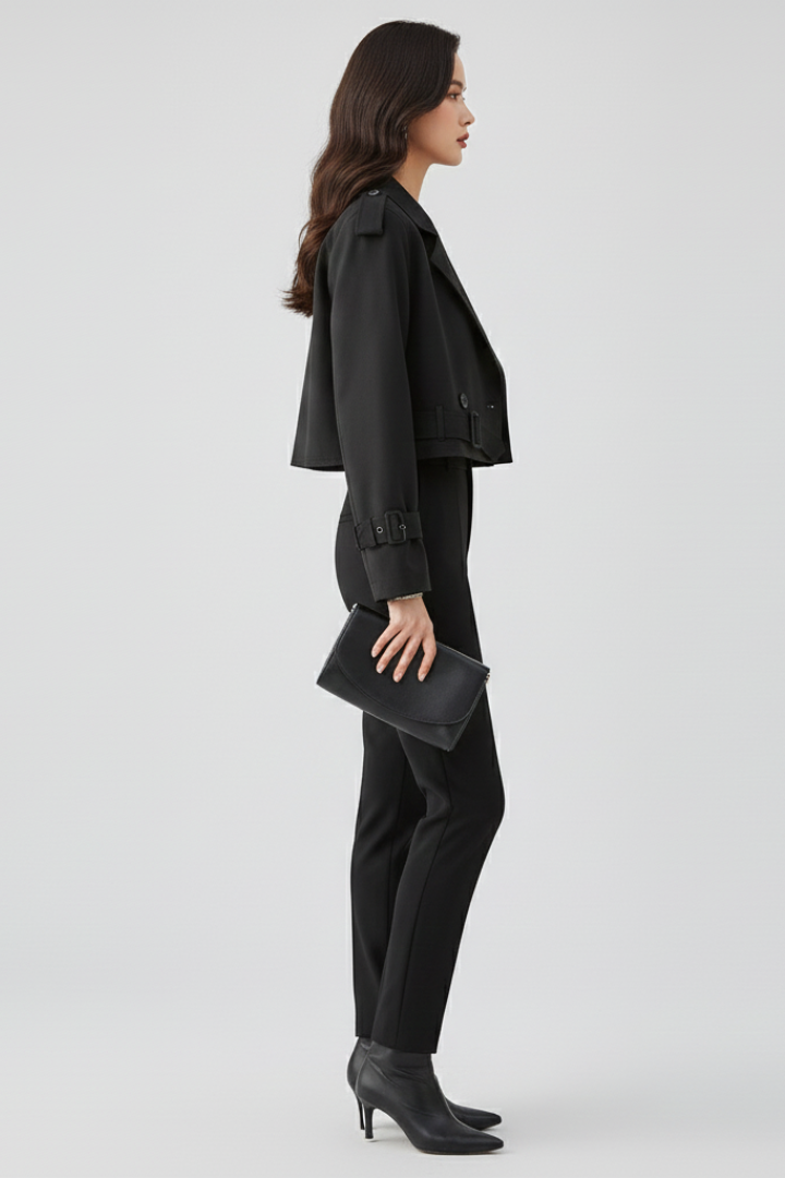 Women’s Cropped Jacket with Lapel Collar and Belted Cuffs