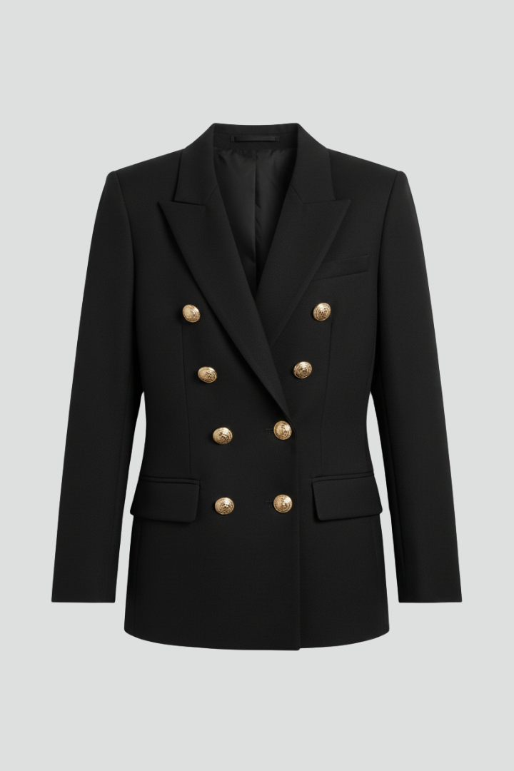 Women’s Double-Breasted Blazer with Gold Buttons and Notched Lapel