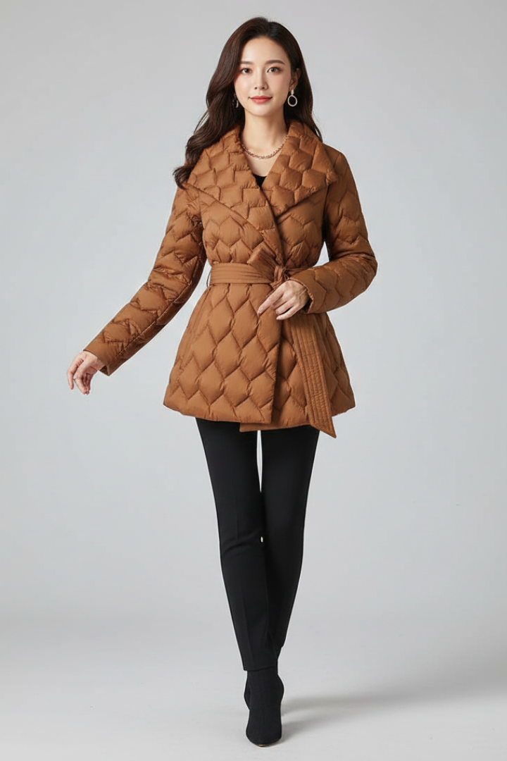 Women’s Down Coat with Belt and Insulated Structure
