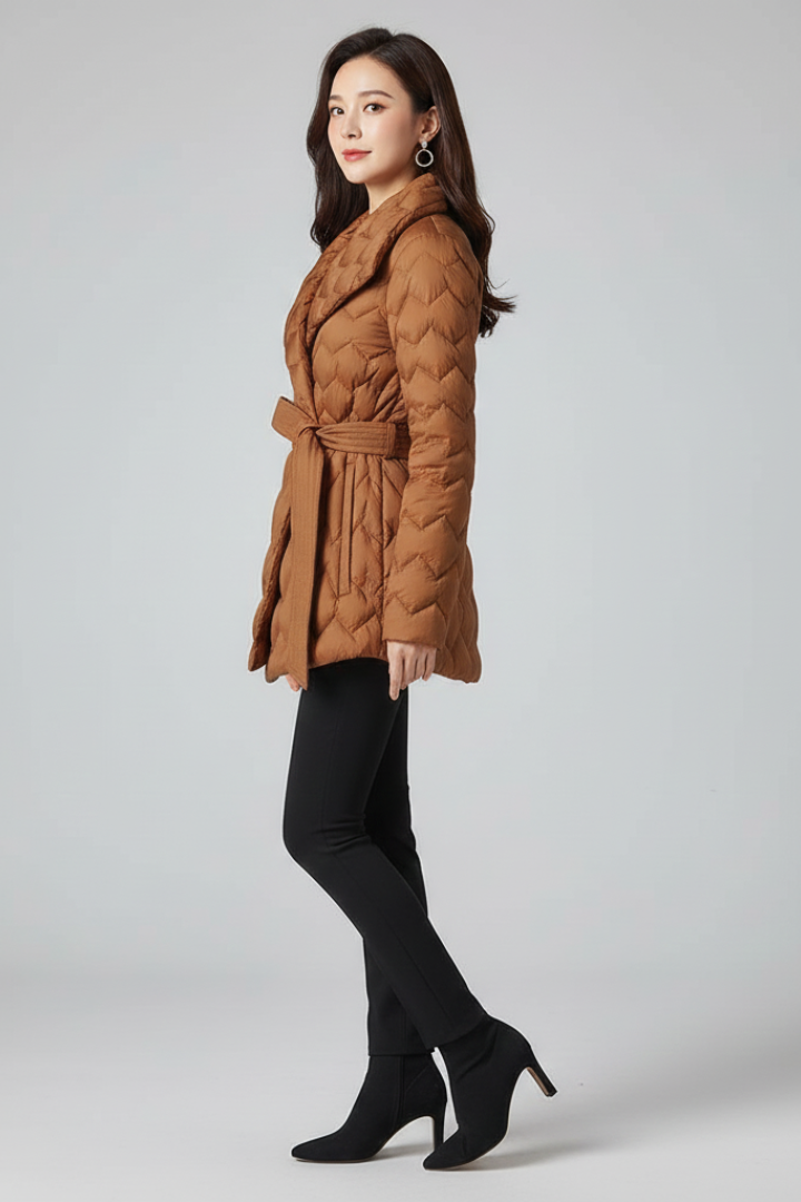 Women’s Down Coat with Belt and Insulated Structure