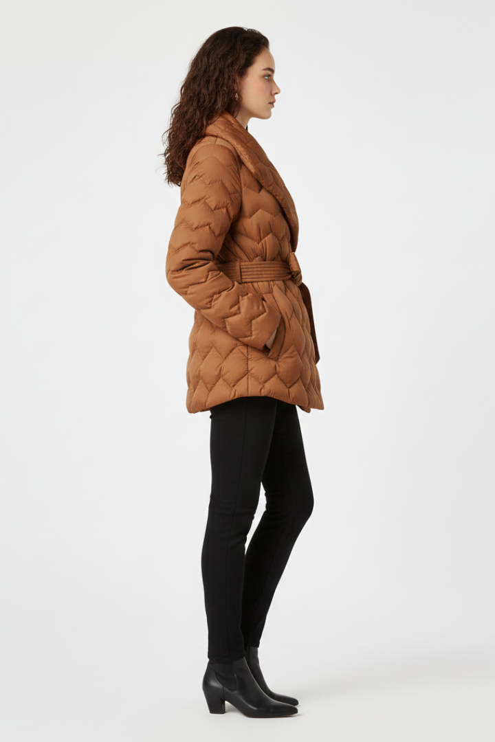 Women’s Down Coat with Belted Waist and Deep Pockets