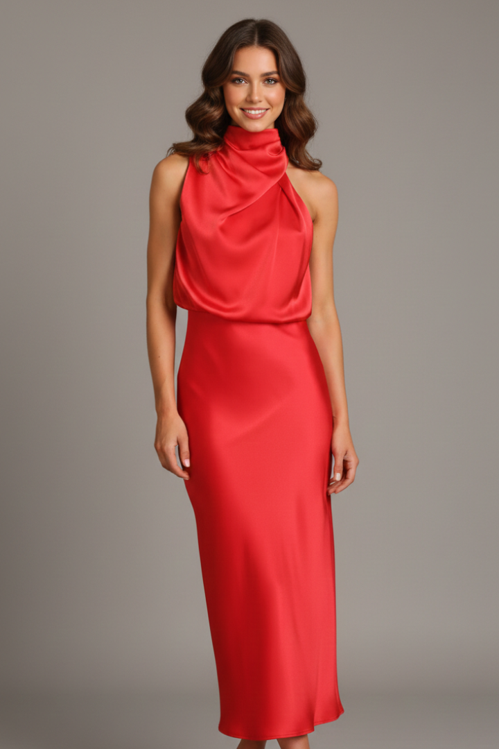 Women’s Dress with High Neck and Draped Front