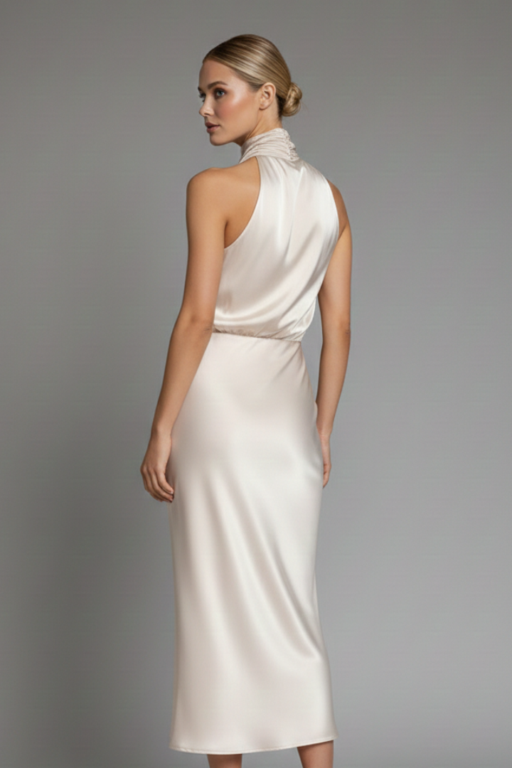 Women’s Dress with High Neck and Draped Front