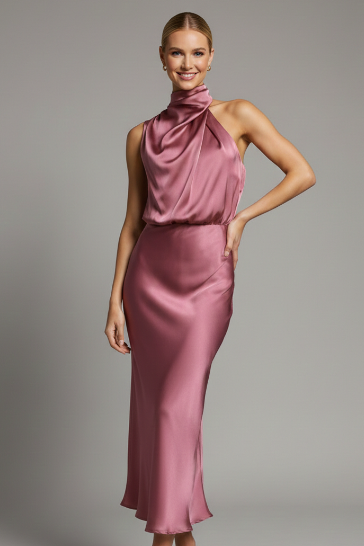 Women’s Dress with High Neck and Draped Front