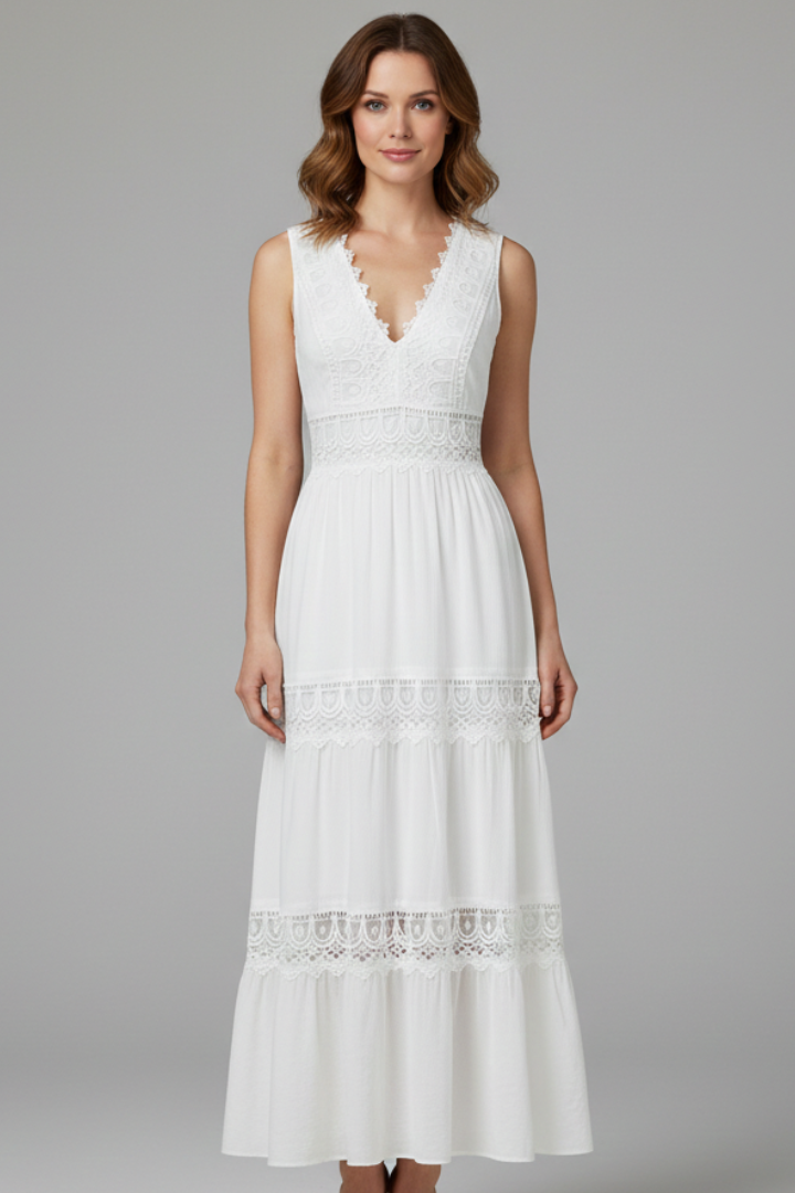 Women’s Dress with Lace Appliques and Tiered Skirt