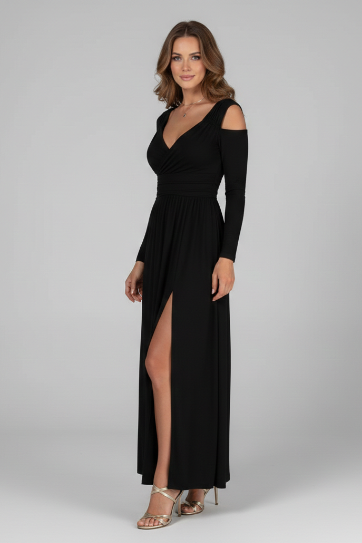 Women’s Dress with Lace Appliques and Tiered Skirt with V Neckline and Side Slit