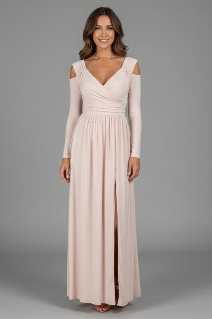 Women’s Dress with Lace Appliques and Tiered Skirt with V Neckline and Side Slit