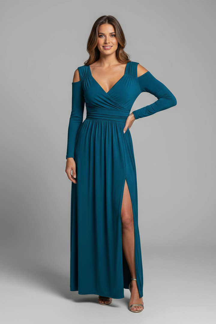 Women’s Dress with Lace Appliques and Tiered Skirt with V Neckline and Side Slit