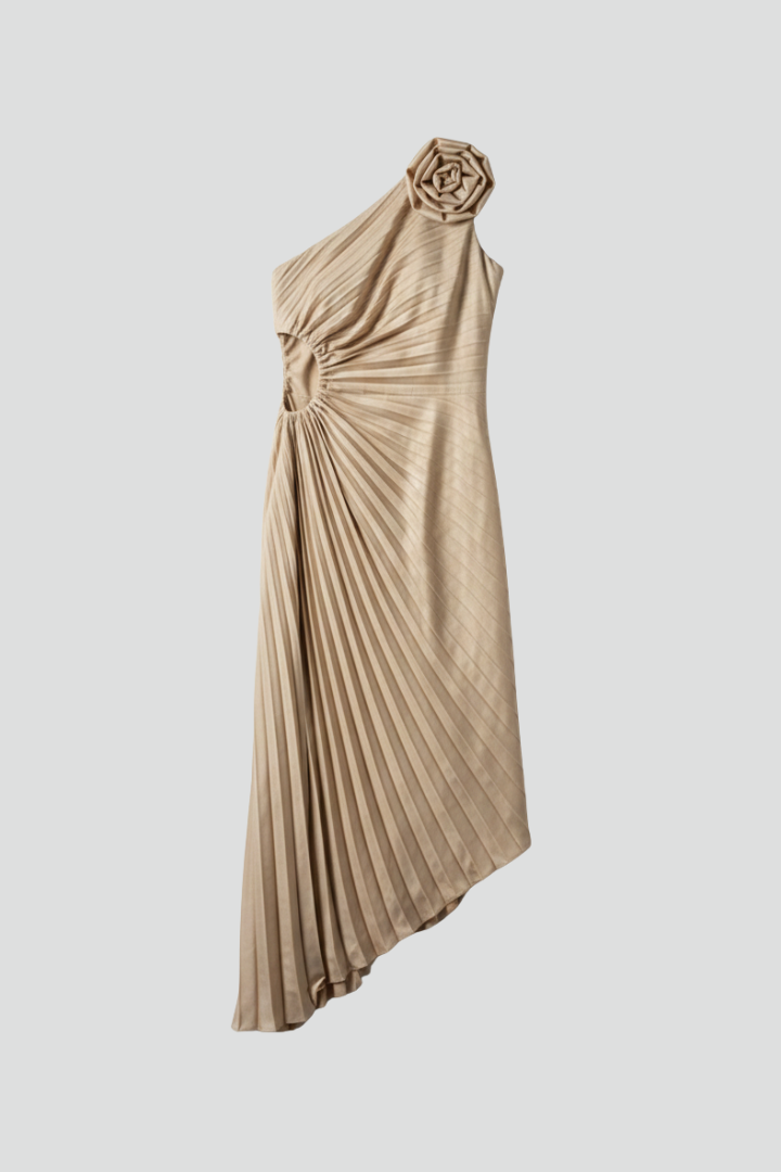 Women’s Dress with One-Shoulder Neckline and Floral Applique