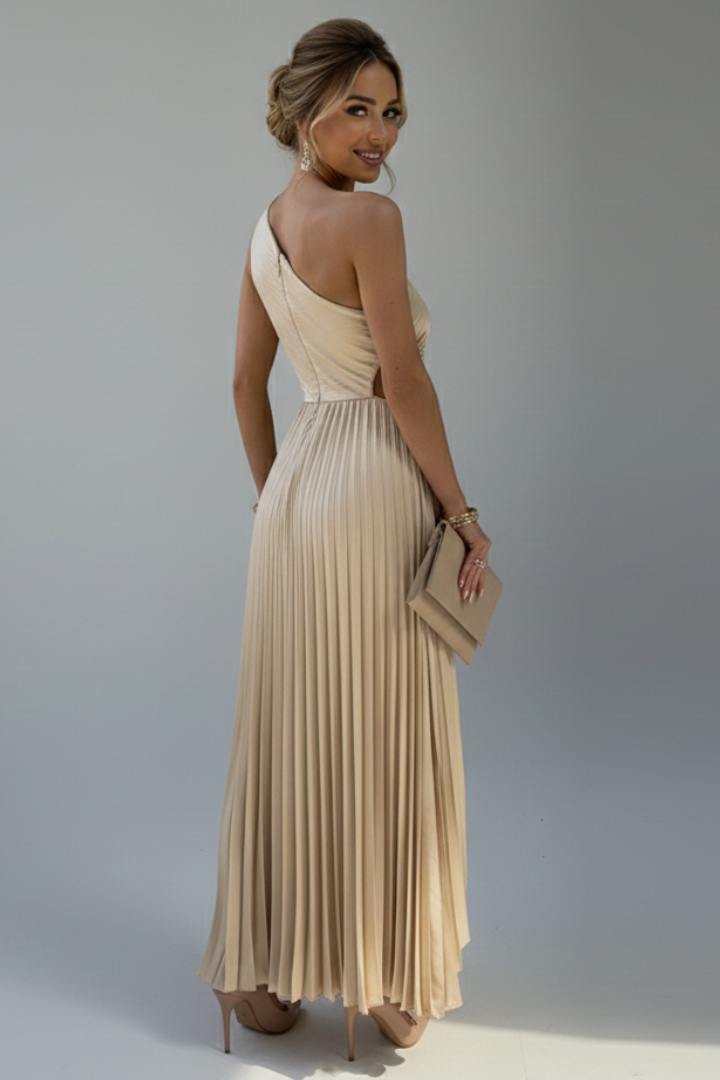 Women’s Dress with One-Shoulder Neckline and Floral Applique