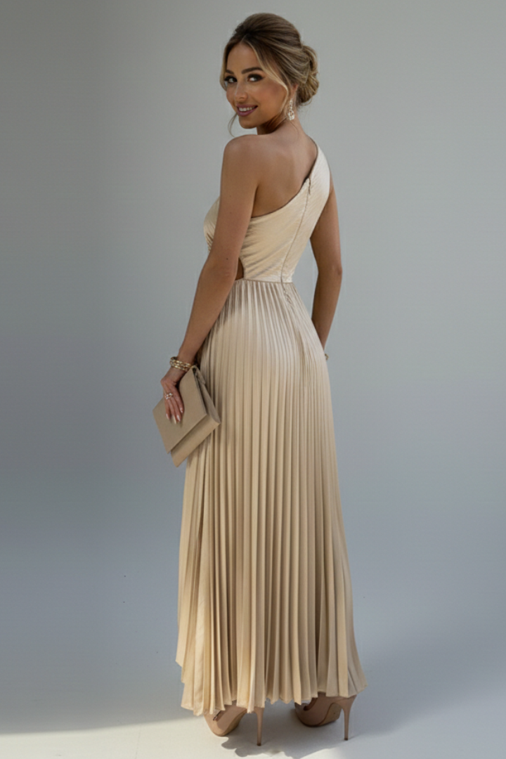 Women’s Dress with One-Shoulder Neckline and Floral Applique