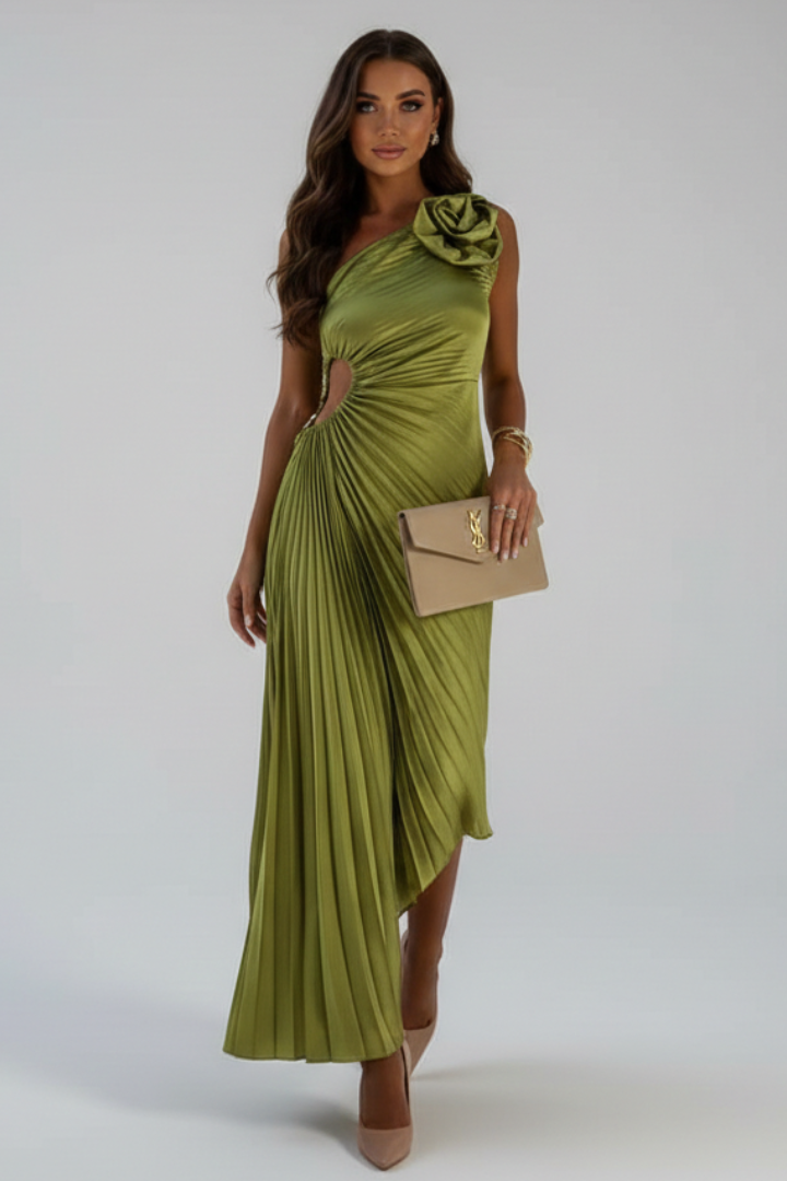 Women’s Dress with One-Shoulder Neckline and Floral Applique