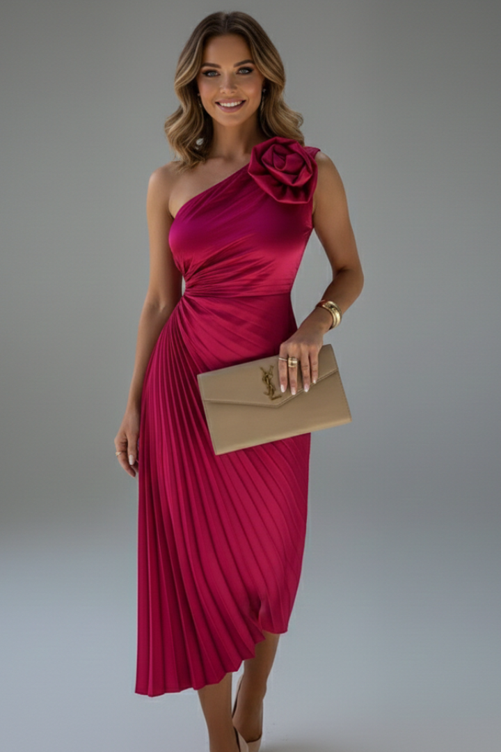 Women’s Dress with One-Shoulder Neckline and Floral Applique