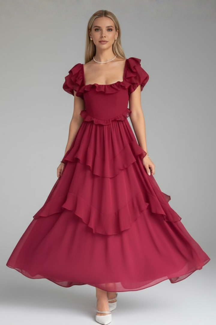 Women’s Dress with Square Neckline and Ruffled Sleeves