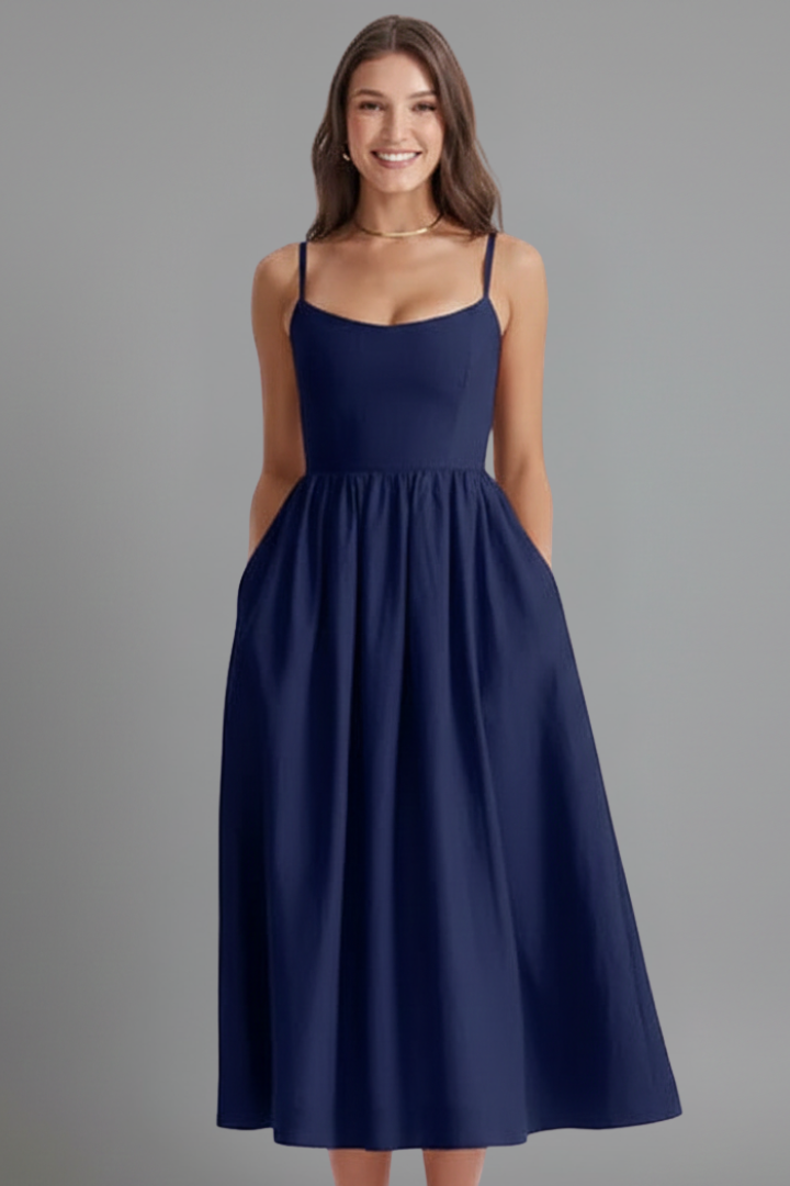 Women’s Dress with Straight Neckline and Side Pockets