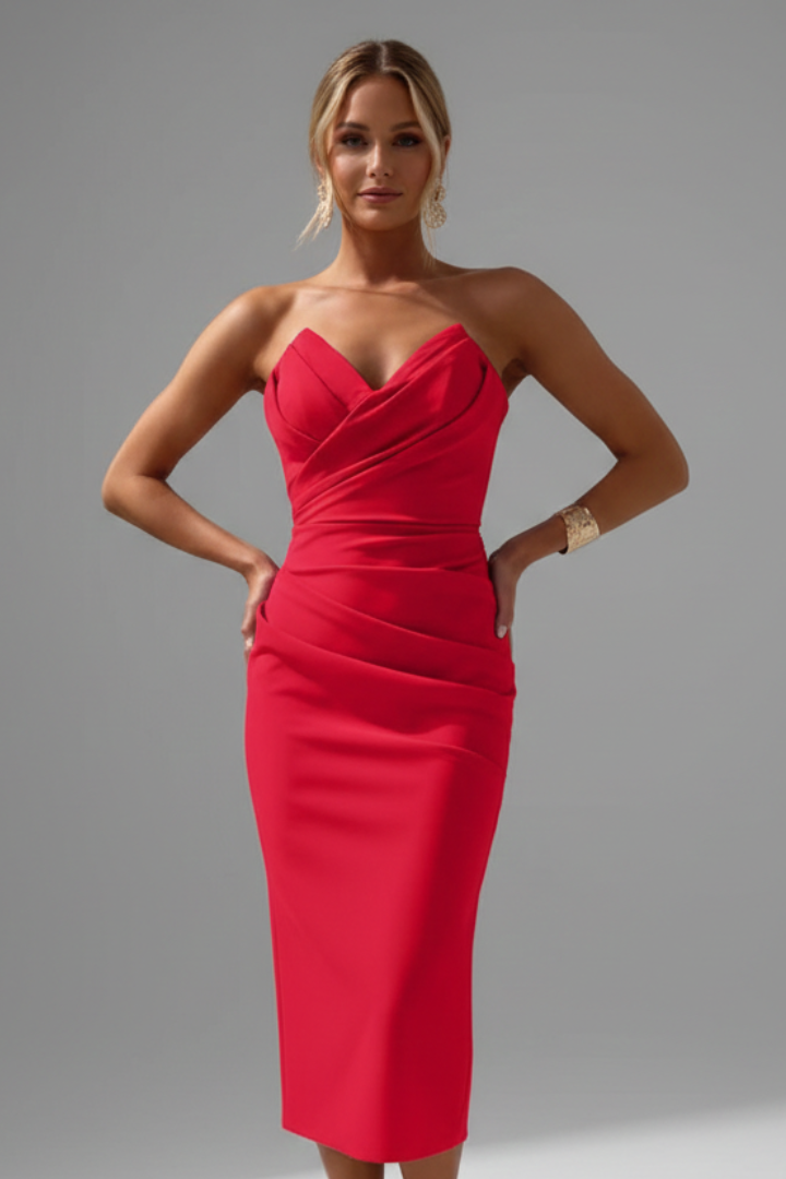 Women’s Dress with Strapless Neckline and Ruched Skirt