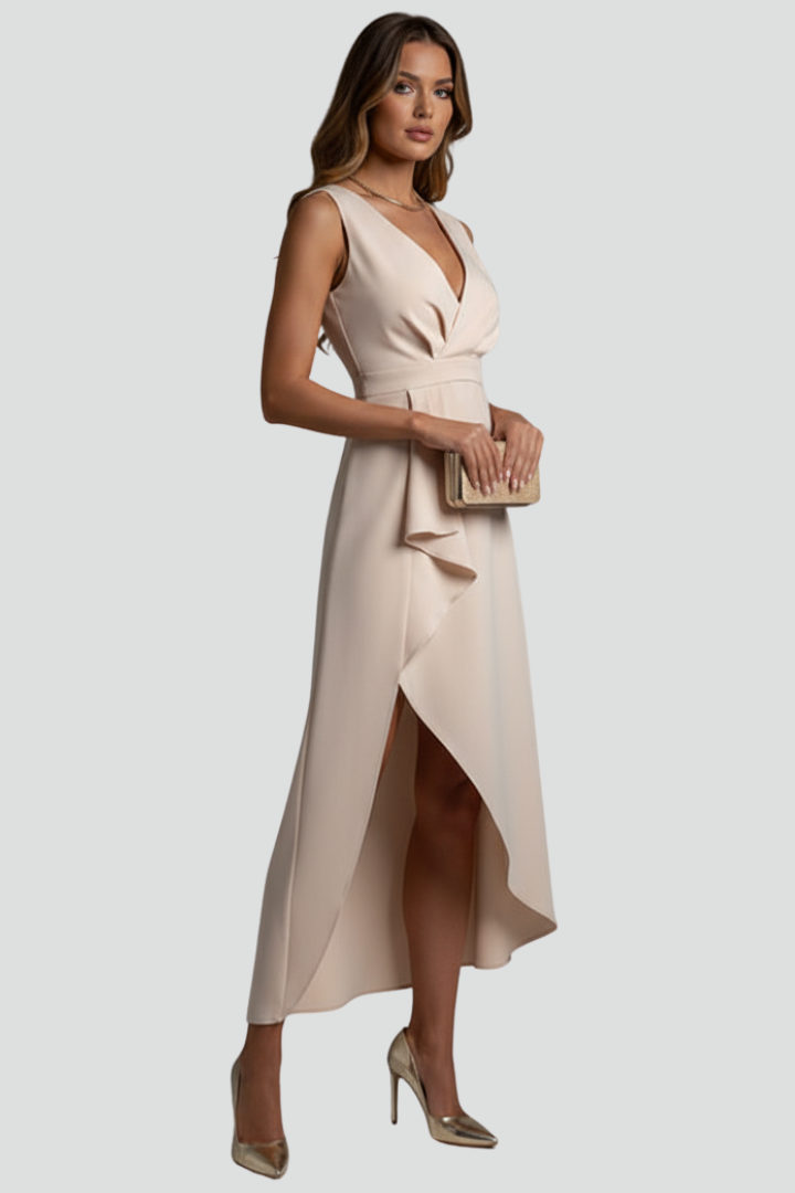 Women’s Dress with V-Neck and Asymmetrical Hem