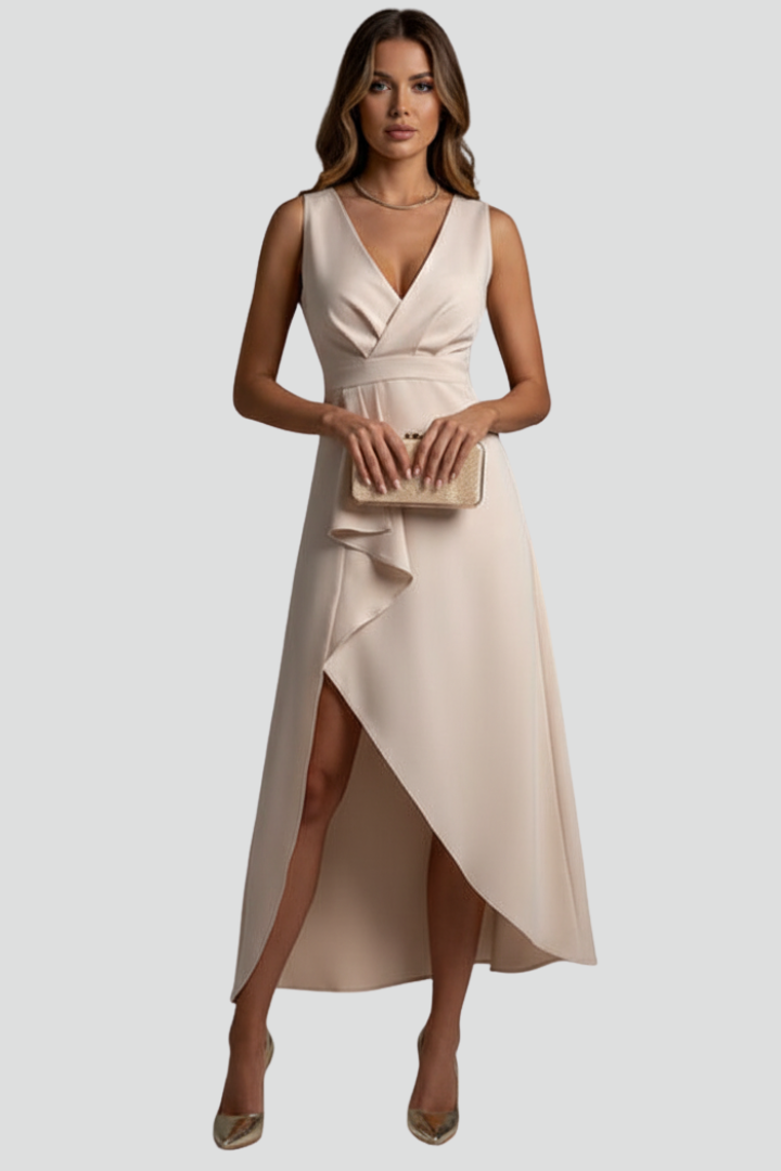 Women’s Dress with V-Neck and Asymmetrical Hem