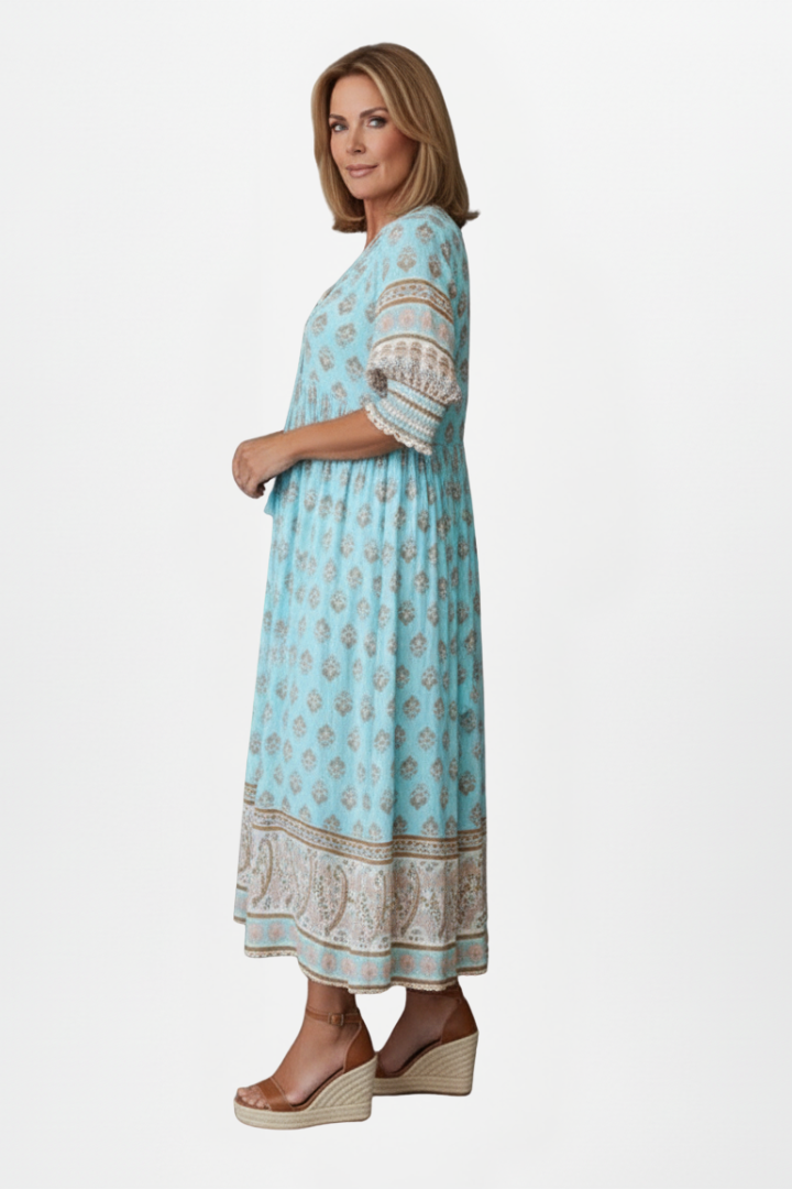 Women’s Dress with V-Neck and Patterned Surface