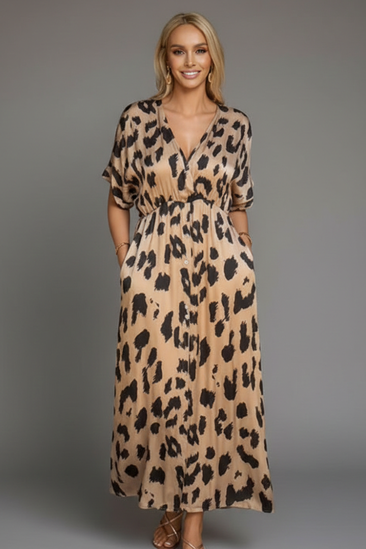 Women’s Dress with V-Neck and Printed Surface