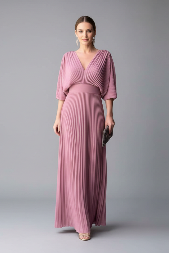 Women’s Dress with V-Neckline and Pleated Maxi Skirt