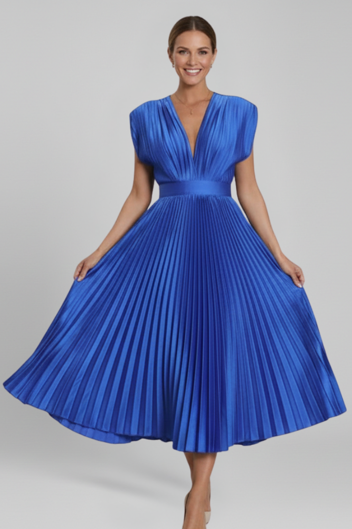 Women’s Dress with V Neck and Pleated Skirt