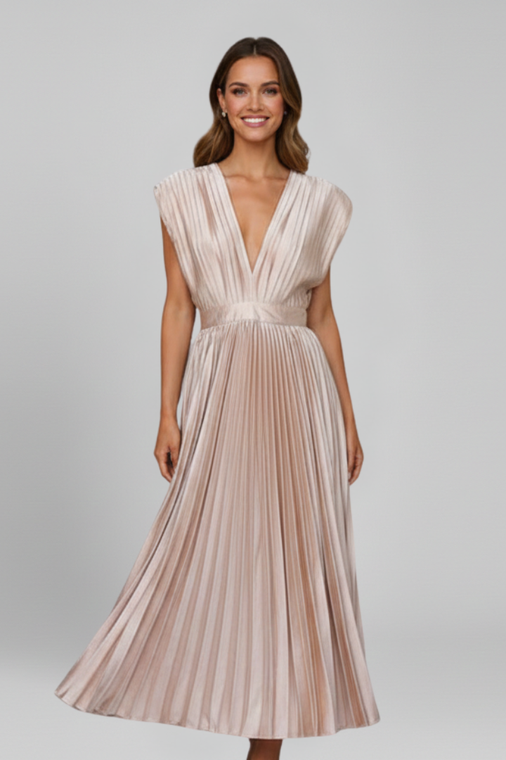 Women’s Dress with V Neck and Pleated Skirt
