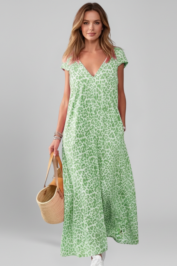 Women’s Dress with V Neck and Printed Surface
